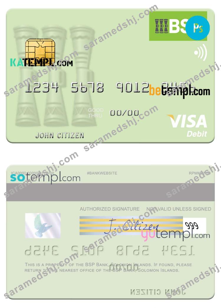 Solomon Islands BSP Bank visa debit credit card template in PSD format